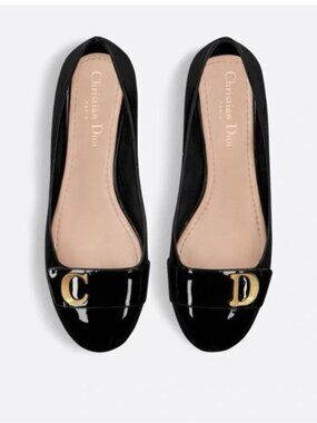 Christian Dior Ballerina Ballet Flats Black Patent Leather Round Toe size 36.5